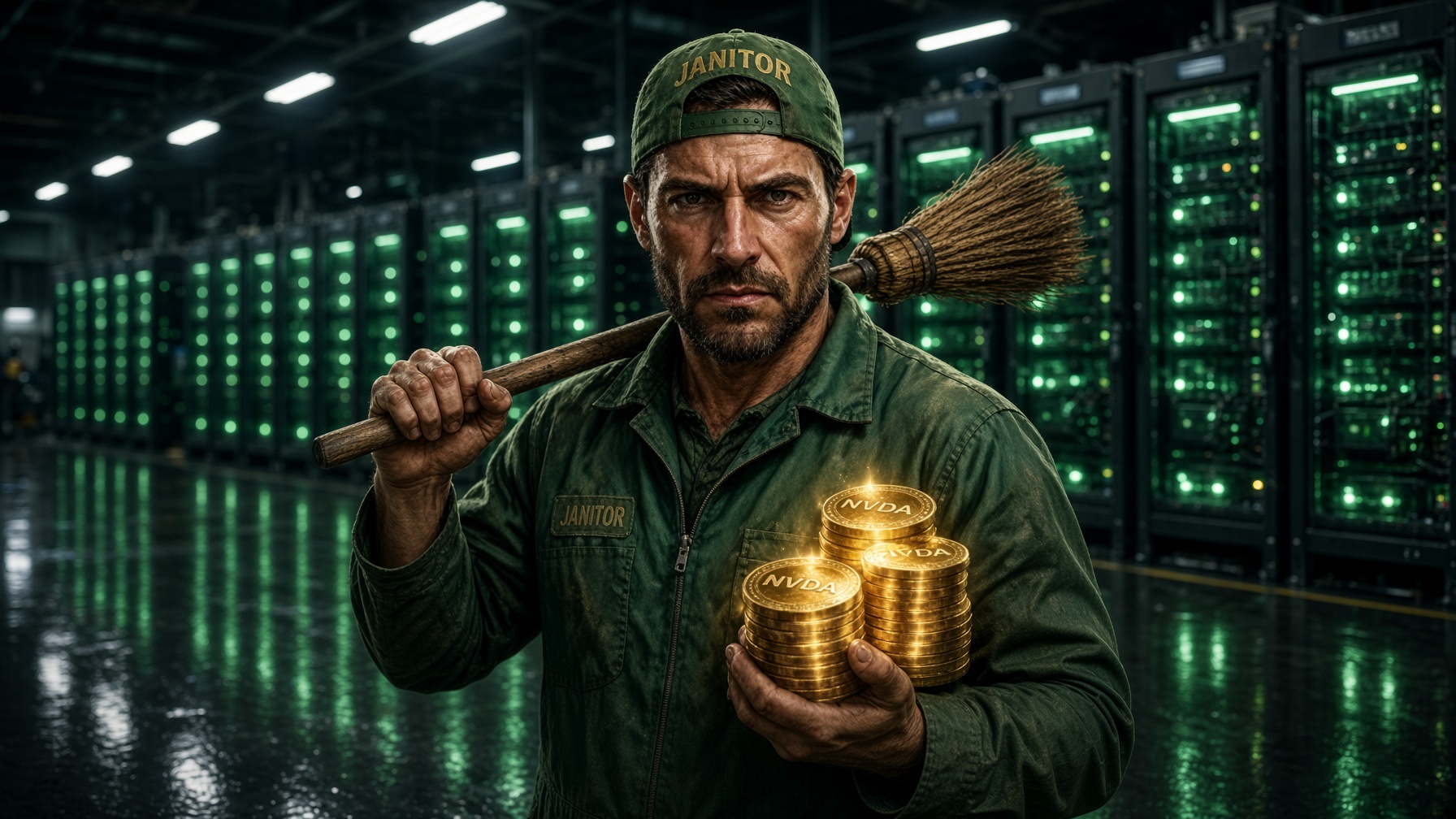 A janitor in an olive JANITOR shirt stands in a dark server lab, broom on his shoulder, gold coins in hand.